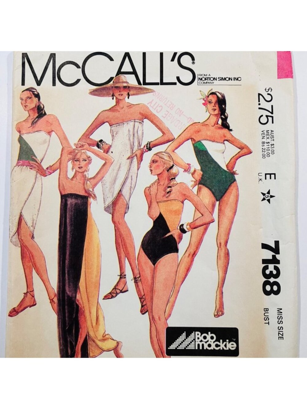 Bob Mackie Strapless Bathing Suit & Coverup Pattern McCalls 7138 Size 10 B32.5